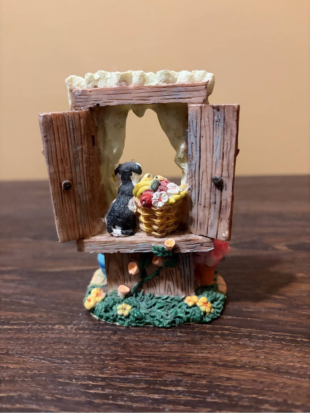 Black Dog Window Figurine with Yellow Flower Basket Decorative Accent